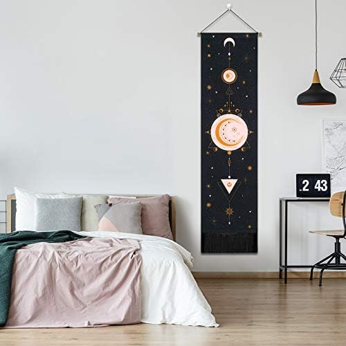 Yugarlibi Tarot Card Wall Hanging Tapestry, Sun and Moon Tapestries with Tassels, Cotton Long Tapestry Wall Art for Bedroom Living Room, Black 130x32.5 cm