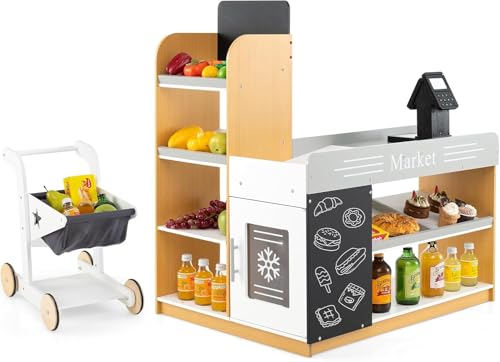 RELAX4LIFE Supermercado Juguete con Caja Registradora, Carrito de Compras, 2 Pizarras, Terminal de Tarjetas, Frigorífico y Tarjeta VIP, Supermercado de Madera con Estanterías para Niños de 3+ Años