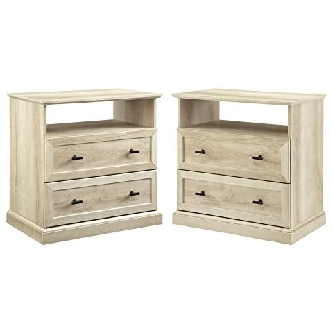 Walker Edison Beale Rustic 2-Drawer Open-Cubby Nighstands End Side Tables Living Room Bedroom Storage, Set of 2, White Oak Cover