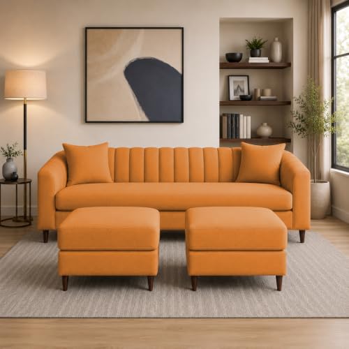 Image of Doraldo 3 Seater Sofa Set with 2 Ottoman for Living Room (Orange) Premium Fabric Sofa