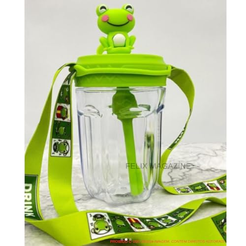Garrafa Copo Infantil com Canudo e Alça PREMIUM, Livre de BPA, 350ml (Sapinho Verde)