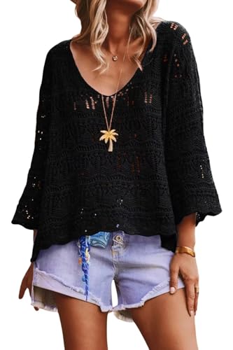 Allimy Women's Summer Spring Cute Crochet Boxy Oversized Boho Beach Cover Ups Plus Size Resort Wear One Off Shoulder Cropped Sweaters for Women 2026 3/4 Length Sleeve Womens Tops Black US 8 10