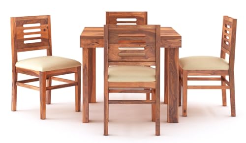 Image of MAMTA DECORATION Solid Sheesham Wood 4 Seater Dining Table Set | Four Seater Dinner Table with 4 Cushions Chairs | Dinning Table Set 4 Seater for Living Room, Hotels & Restaurant, Honey Finish