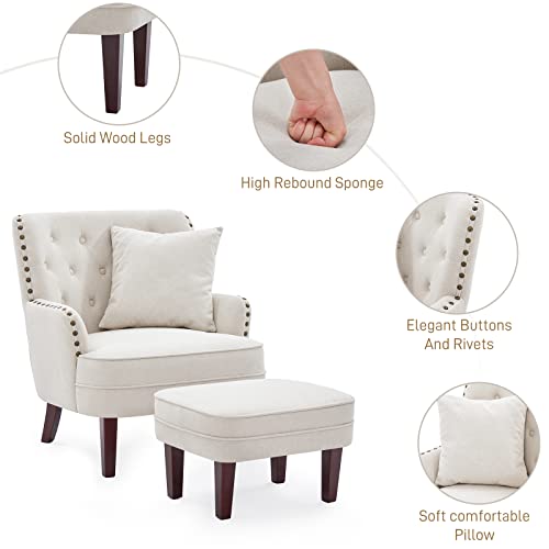 Huimo Accent Chair With Ottoman, Club Chair And Ottoman Set With Wooden Legs, Upholstered Armchair, Comfort Reading Chair For Living Room, Bedroom (Beige) #TOP5