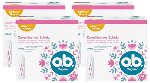 o.b. Original Normal, Tampons für mittlere/stärkere Tage, StayDry Technologie & geschwungene Rillen, zuverlässiger Schutz & sauberes Gefühl (64 ST) (Packung mit 4)