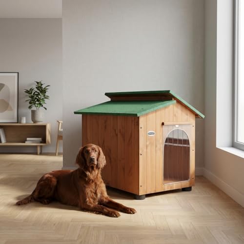 Cuccia in Legno per Cani Modello Setter – Impermeabile, Coibentata, Tetto Apribile, Pavimento Isolato – Pino di Svezia Resistente – Con Tendina Basculante Termica in Omaggio – Misure 70×90×80 cm