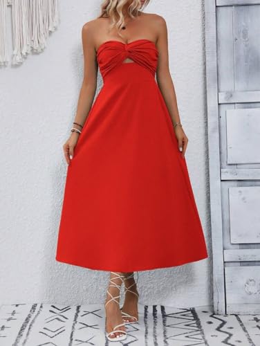 Image of SKAYS Womens Strapless Twist Knot Midi Dress Cutout A-line Tube Summer Cocktail Party Dress with Back Smock