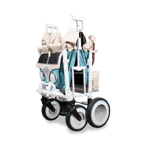 wonderfold volkswagen double stroller wagon 2 seater - foldable wagon stroller with classic vw bumper headlights and retro all-terrain xl wheels bondi blue
