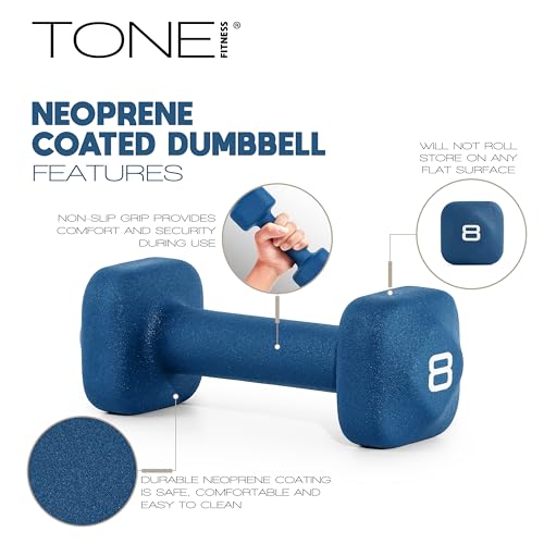 Tone Fitness Neoprene Dumbbell Weight Pairs with Anti-Roll Square Head | Multiple Options