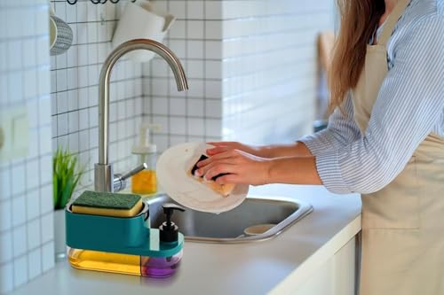 Image of Plastic 3 in 1 Soap Pump Dispenser Dish Soap Liquid Dispenser Sponge Holder Dish Soap Pump Dispenser for Kitchen Sink Countertop Kitchen Bathroom (Multi-Color) (Multicolour)