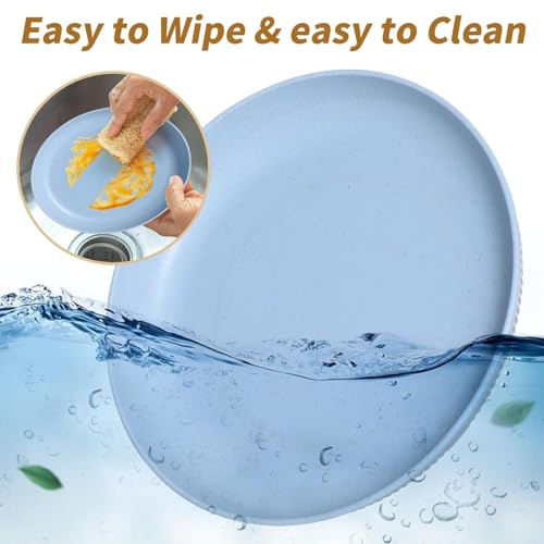 Image of Wheat Straw Dinner Plate Set, Eco-Friendly Dinner Set Round Serving Plate, Dishwasher & Microwave Safe - Perfect for Dinner Dishes Deep Plates Easy to Clean (Blue - 4pcs, Medium)