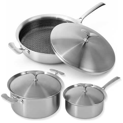 5-Ply Stainless Steel Cookware Set 6 Pcs, Non Stick Pots and Pans Set with Steam-Return Lids, Induction & Oven Safe, Non Toxic, PFOA PTFE PFOS Free, Professional Chef Quality Cookware