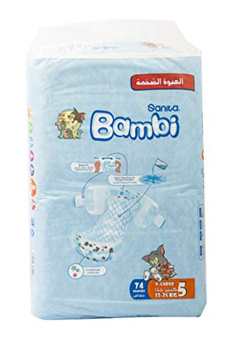Sanita Bambi Baby Diapers Mega Pack Size 5 X-Large 12-22 KG 74 Count