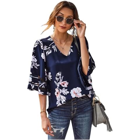 Women V Neck 3/4 Bell Sleeve Floral Print Chiffon Shirt Casual Loose Fluttering Mesh Panel Tops Blouse (Blue,Medium,US,Alpha,Adult,Female,Medium,Regular,Regular) Cover
