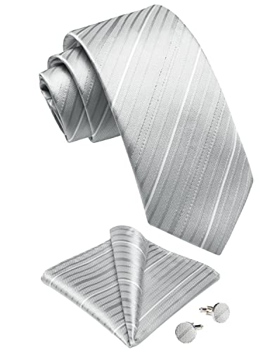 Image of DiBanGu Striped Tie Set for Men Silk Woven Plaid Necktie and Pocket Square Cufflinks Business Wedding
