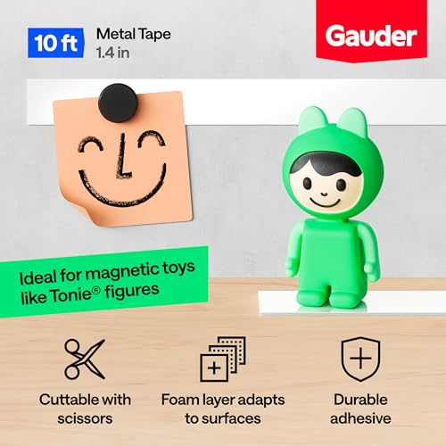GAUDER Self-Adhesive Metal Tape - Ideal for Tonie Figures & Shelves - Holding Surface for Magnets - Ferrous Tape with Foam Adhesive - Thin Metal Steel Strip (10 ft x 1.4 in)