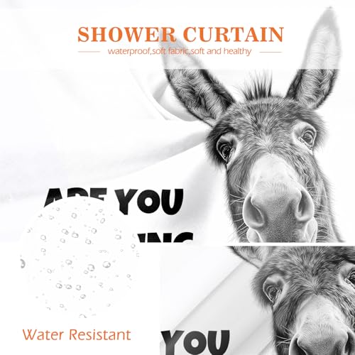 Image of Aimego Funny Donkey are You Pooping Shower Curtain Novelty Hilarious Whimsical Rustic Farmhouse Black and White Bathroom Bath Decor Bathtub Curtain Fabric Shower Curtain Set with 12 Hooks, 72 inchx72 inch