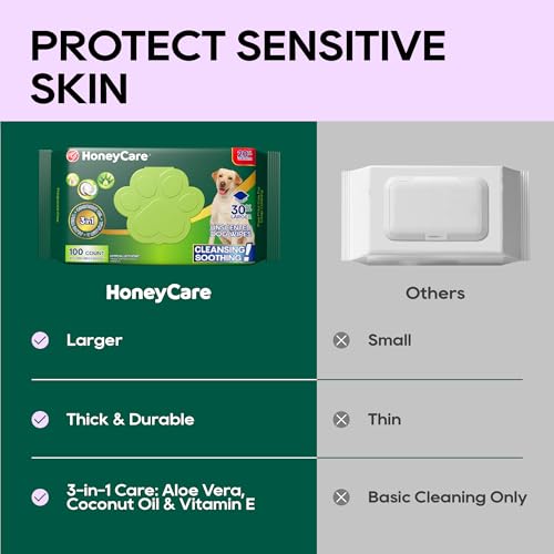Image of HONEY CARE Disposable Pet Wipes for Dogs & Cats, Fragrance-Free, Cleansing & Soothing for Paws, Butt & Body, 100 Count (Pack of 9)