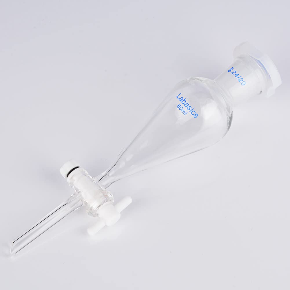 Labasics Conical Separatory Funnel, 60 ml Heavy Wall Borosilicate Glass Separating Funnel with 24/29 Joints and PTFE Stopcock