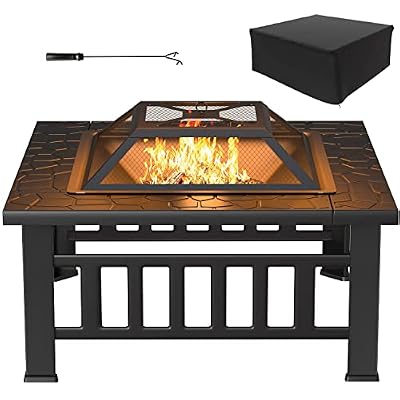Tuoze 32-inch Fire Pits Outdoor Patio Metal Multifunctional Firepit Table with Waterproof Cover for Camping Bonfire Party Picnic BBQ Backyard Garden Outside Heating,black