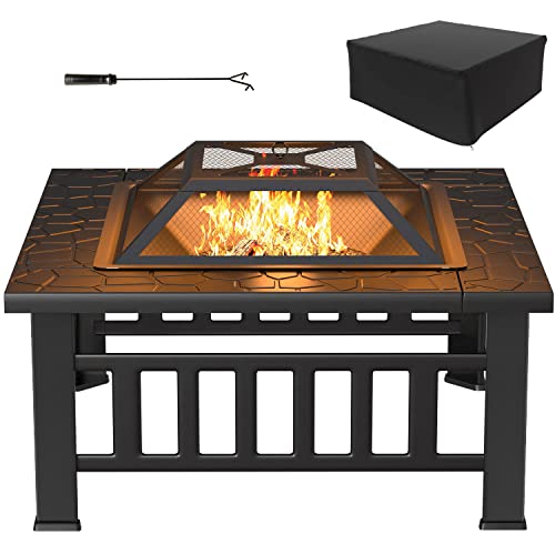 32-inch Fire Pits Outdoor Patio Metal Multifunctional Firepit Table with Waterproof Cover for Camping Bonfire Party Picnic BBQ Backyard Garden Outside Heating,black