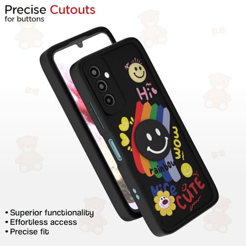 Image of Pikkme Back Cover for Samsung Galaxy M34 5G / F34 5G | Soft Silicone| Cute Rainbow Smile & 3D Cartoon Flower Design | Shockproof Raised Camera Protection Bumper Case (Black)