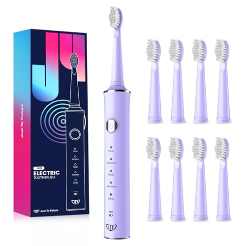 JTF Spazzolino Elettrico, Spazzolino da denti Sonico con 8 Testine, 5 Modalità & Smart Memory, Timer 2 Min, IPX7 Impermeabile, Rechargeabilité, Ricarica Rapida 3H, Adulti (Viola)