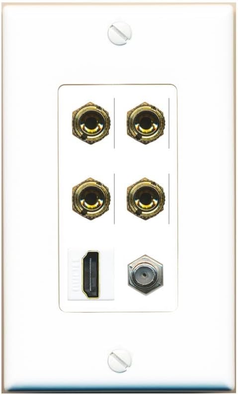 RiteAV 4 Port Banana 2 Speaker Binding Post HDMI Coax Wall Plate - 1 Gang Decorative [Stainless/White]