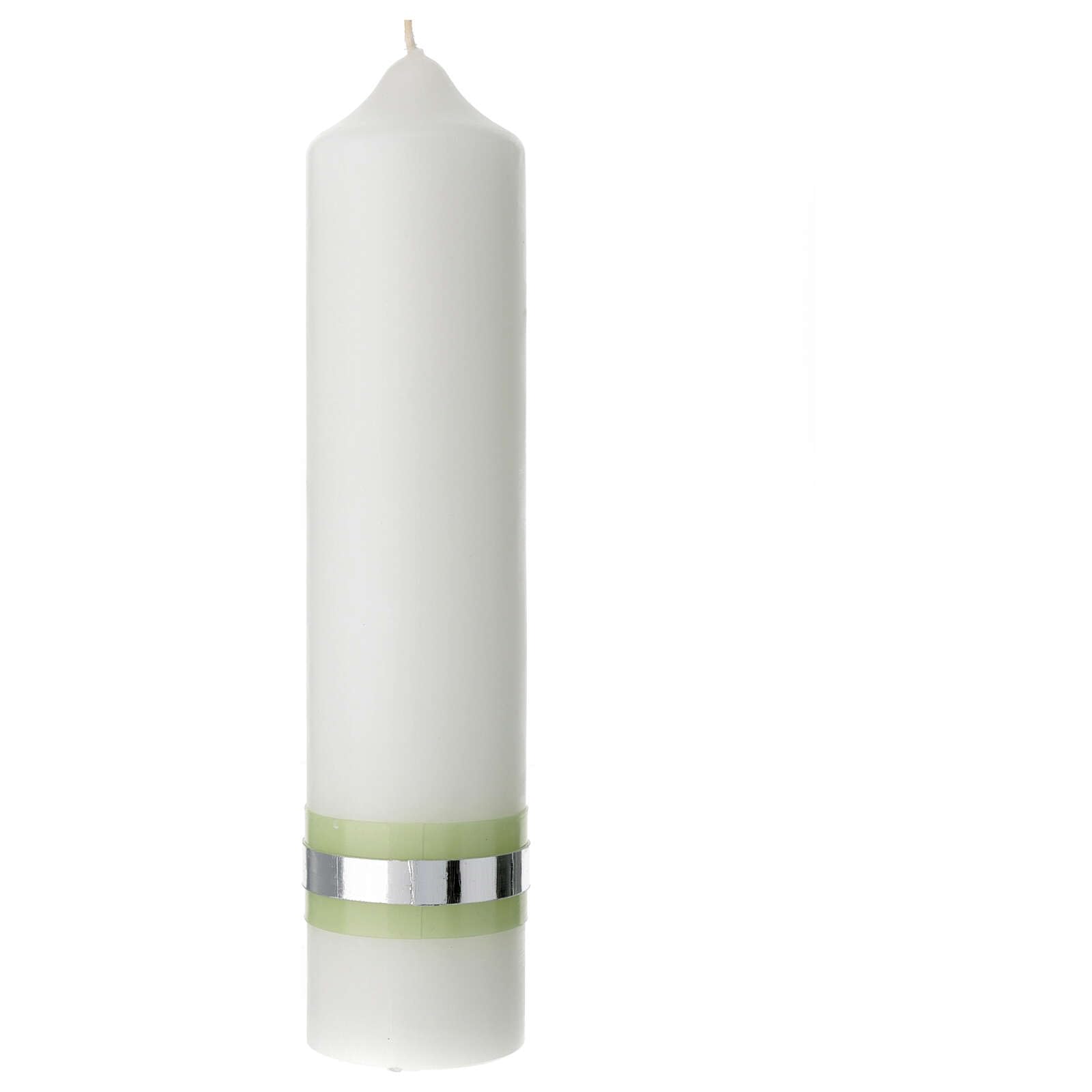 Holyart Candele, ceri, ceretti: Candela fascia argento verde Battesimo 265x60 mm