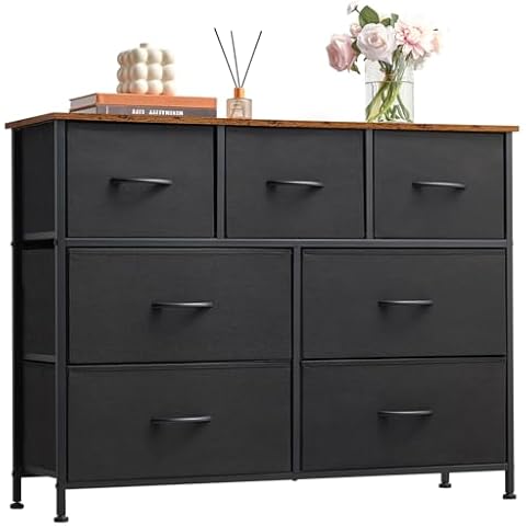 Somdot Dresser, 7-Drawer Fabric Storage Tower for Bedroom, Nursery, Entryway, Closets, Tall Chest Organizer Unit with Large Capacity Fabric Bins - Black Cover