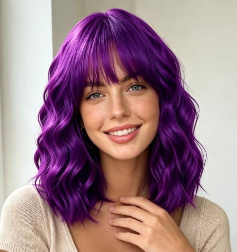 Elfairy Purple Wig with Bangs for Women,12 Inch Wavy Curly Bob Hair