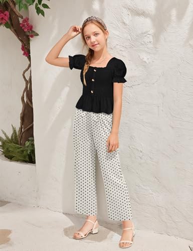 Image of Girls Clothes Solid Color Square Collar Stretch Top and Wide Leg Pants Clothes for Teen Girls 6-14Y