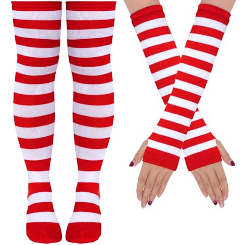 Rthjsfj Striped Thigh High Socks and Arm Warmers Set, Fingerless Gloves Knee High Sockings Clown Socks Leg Warmers for Women (Red White, one size)