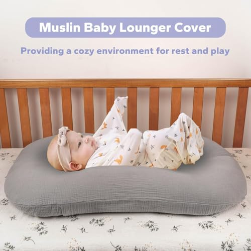 Image of FUNUPUP Muslin Baby Lounger Cover Only, Grey | 100% Muslin Cotton Soft Breathable Easy On /Off Envelope Closure Machine Washable Easy-Clean Protector Neutral Colors