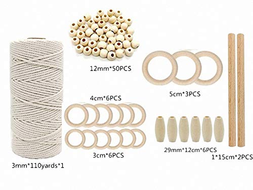 Image of 3mm 110Yards Natural Macrame Cotton Cord Thread With Wooden Beads, Rings, Sticks for Knitting Crafts, Wall Hanging, Plant Hangers, Handicrafts, Home Decoration, Handmade DIY