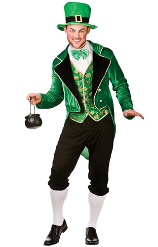 Wicked Costumes Adult Deluxe Leprechaun Fancy Dress Costume Irish St Patricks Day Outfit Green Suit Hat -Medium