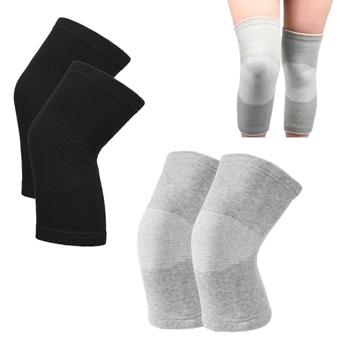 Jrroc Premium Bamboo Knee Compression Sleeve 2 Pair Slip-One Knee Support Elastic Warm Knee Brace for Knee Pain Joint Recovery Sports Daily Wear for Adults (Black+Gray X-Large)
