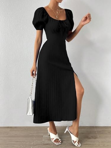 Image of Shasmi Women's & Girl's Tie Front Split Thigh Milkmaid Maxi Dress - Square Neck Puff Sleeve A-Line Long Dress, Elegant Casual & Parties Wear for Ledies (Dress 245)