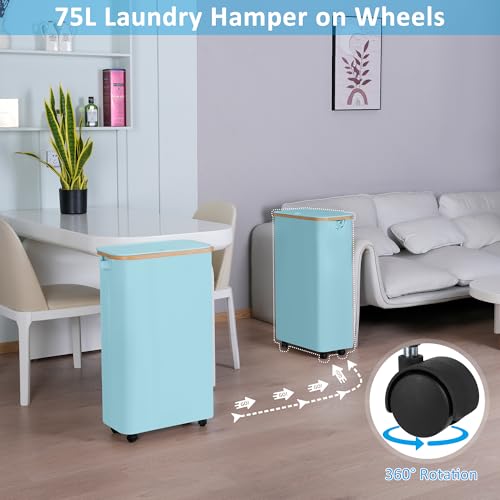 Image of efluky Slim Laundry Hamper with Wheels, Narrow Laundry Basket with Lid and Removable Bag, Aesthetic Dirty Clothes Hamper on Wheels for Laundry Room, Bedroom, Dorm and Bathroom, 75L Beige