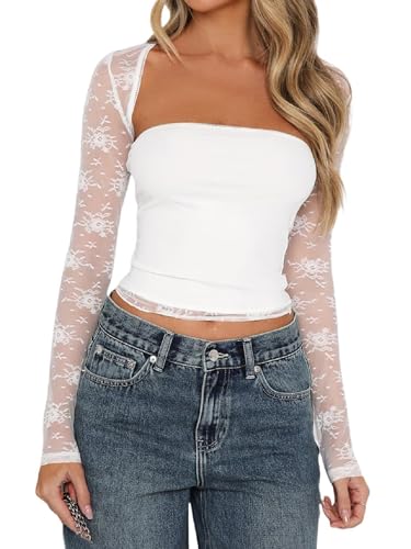JOKELAMB Women Lace Bolero Y2k Mesh Cropped Tops Sexy...