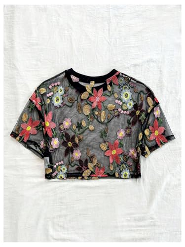 GORGLITTER Women's Floral Sheer Mesh Tees Crop Top See Through Short Sleeve Crew Neck Embroidered T Shirts2
