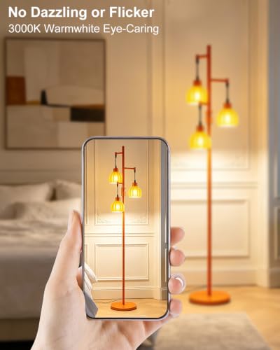 Image of Lightdot 65'' Glass Floor Lamp Dimmable Orange with Lotus Glass Shade & 3000K Bulbs Included 3-Lights Modern Tall Standing Lamp with 5Lbs Heavy Base for Living Room /Bedroom /Sofa /Corner Decor