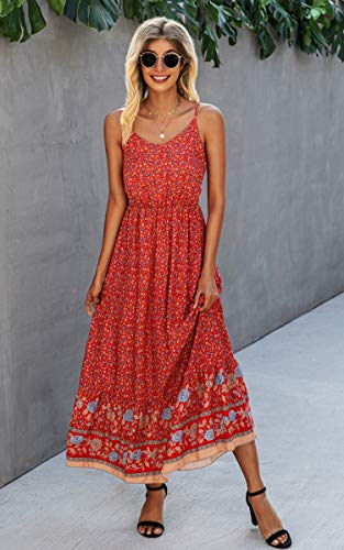 Image of Angashion Women's Dresses Floral Adjustable Spaghetti Strap V Neck Boho Long Maxi Dress Summer Beach Flowy Ethnic Sundress