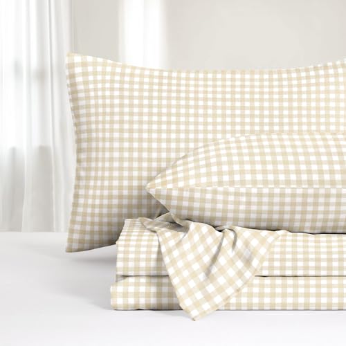 Wake In Cloud - Gingham Bed Sheets 4-Piece Sheet Set Plaid Checkered Check Pattern Printed Cute Preppy College Dorm Bedding Deep Pocket Beige Queen Size