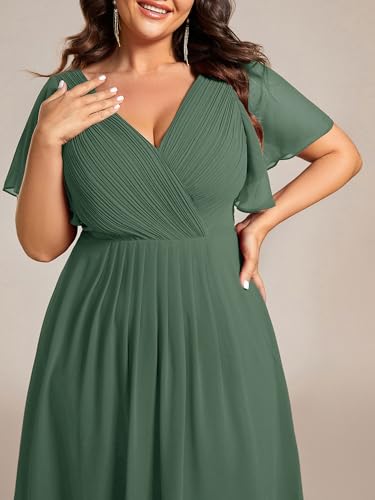 Image of Ever-Pretty Plus Summer Short Sleeves V-Neck Formal Wedding Guest Dresses for Curvy Women Chiffon Midi Cocktail Party Dress