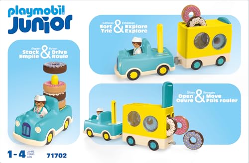 Playmobil 71702 Junior : Camion de Donuts - avec remorque et 4 Beignets - Jouet fabriqué à partir de matière d'origine végétale - Dès 12 Mois