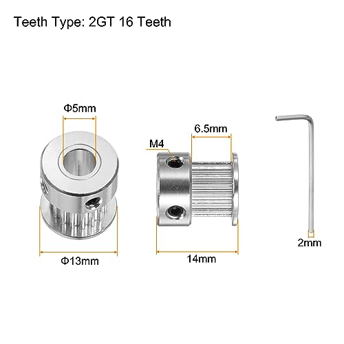 sourcing map 10Stk 2GT Umlenkrolle 16 Zähne 5mm Bohrung 13mm Durchmesser Aluminum Zahnriemen mit 2mm Sechskant Schlüssel für 6mm Breite Gürtel 3D Drucker CNC Maschine Zubehör Silberton