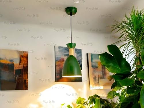 Image of Prop It Up Modern Pendant Light, Green Bell-Shaped Shade, Wooden Accent, Ceiling Mount, Without Bulb