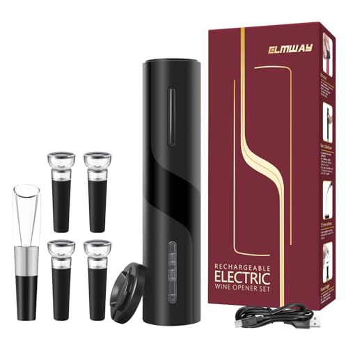 ELMWAY Electric Wine Opener Set, Rechargeable Wine Bottle Opener with Foil Cutter / 4 x Vacuum Stoppers/Premium Wine Aerator Pourer, Wine Corkscrew Remover, Automatic Wine Opener Gifts(Black)