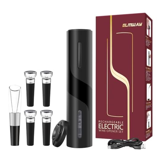 ELMWAY Electric Wine Opener Set, Rechargeable Wine Bottle Opener with Foil Cutter / 4 x Vacuum Stoppers/Premium Wine Aerator Pourer, Wine Corkscrew Remover, Automatic Wine Opener Gifts(Black)